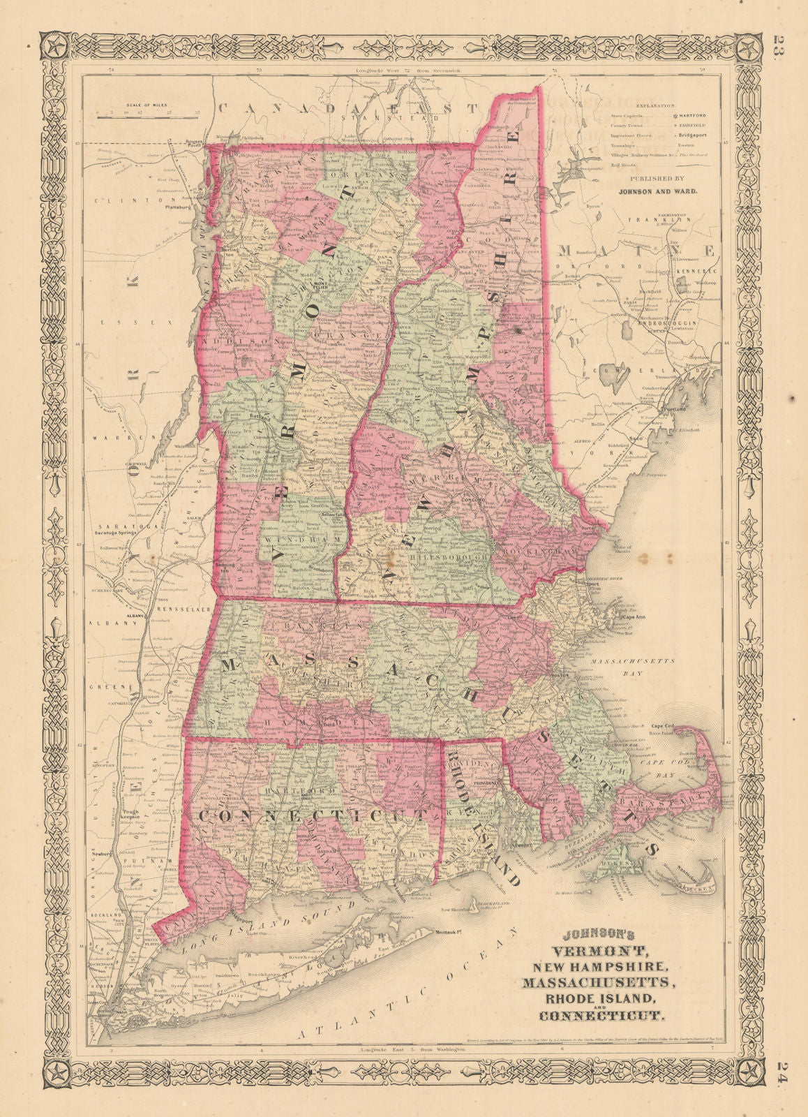 Johnson's Vermont New Hampshire Massachusetts Rhode Island Connecticut 1865 map